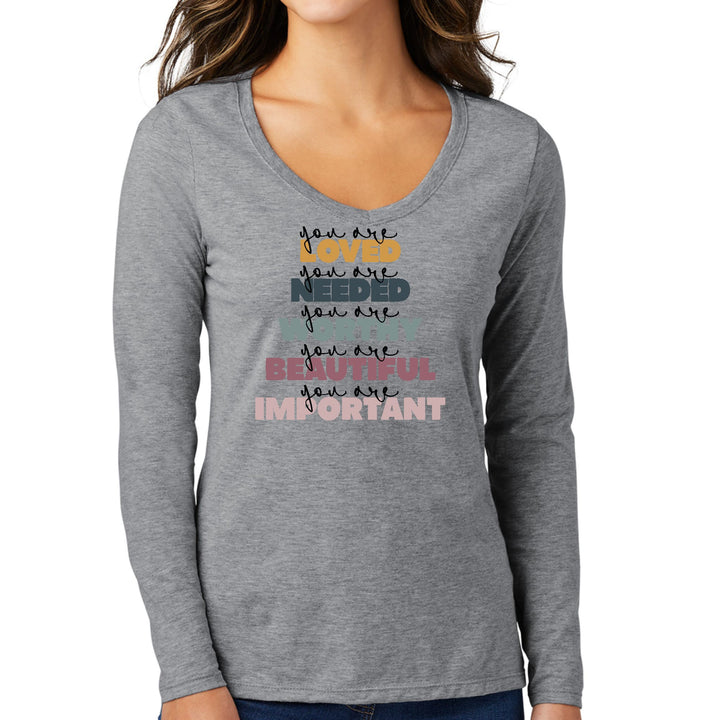 Womens Long Sleeve V-neck Graphic T-shirt - you are Loved Inspiration - Womens