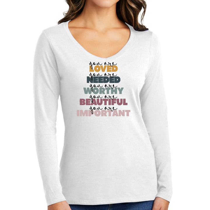 Womens Long Sleeve V-neck Graphic T-shirt - you are Loved Inspiration - Womens