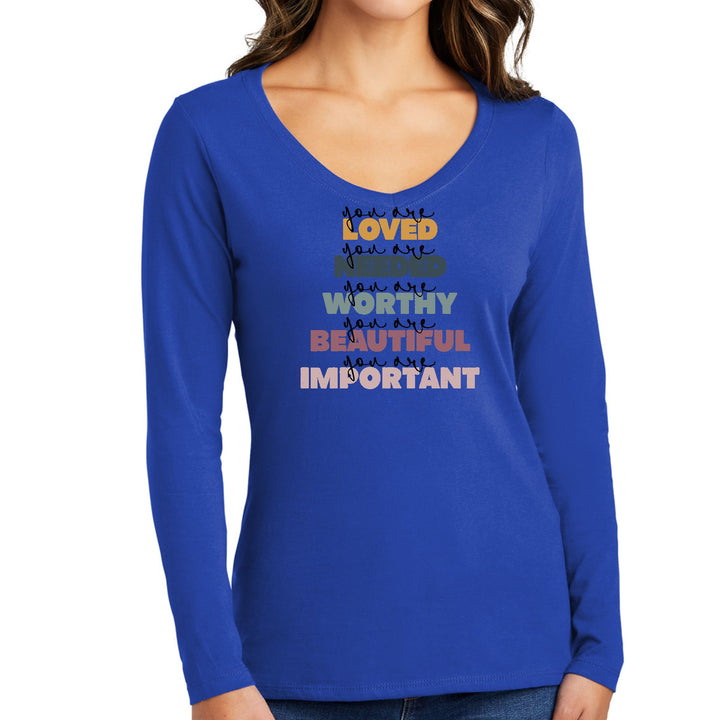 Womens Long Sleeve V-neck Graphic T-shirt - you are Loved Inspiration - Womens