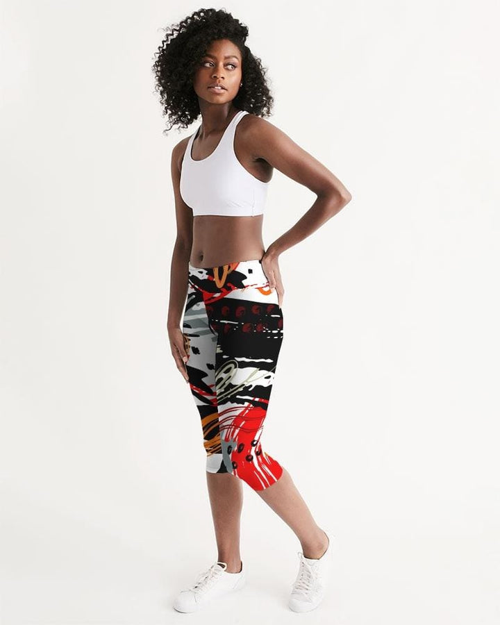 Womens Mid-rise Capri Leggings Black Red Gray Abstract Pattern - Womens