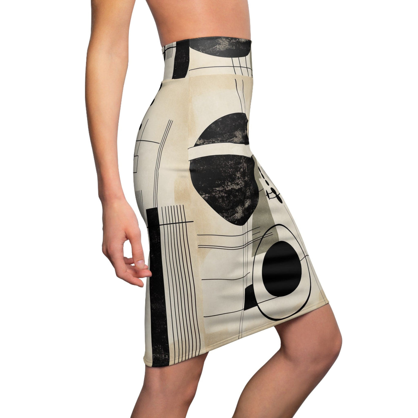Womens Pencil Skirt Abstract Black Beige Brown Geometric Shapes - Womens