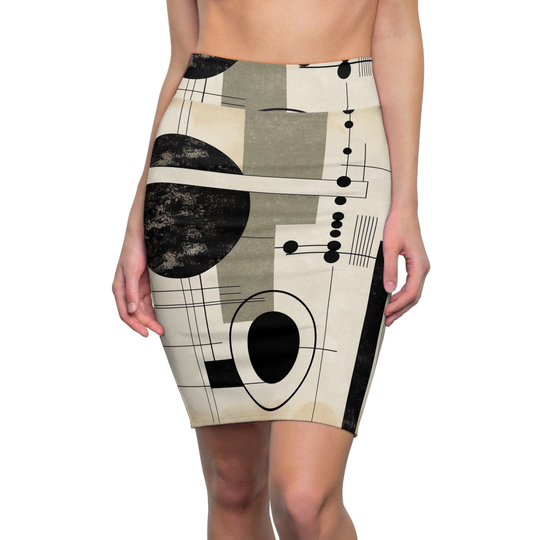 Womens Pencil Skirt Abstract Black Beige Brown Geometric Shapes - Womens