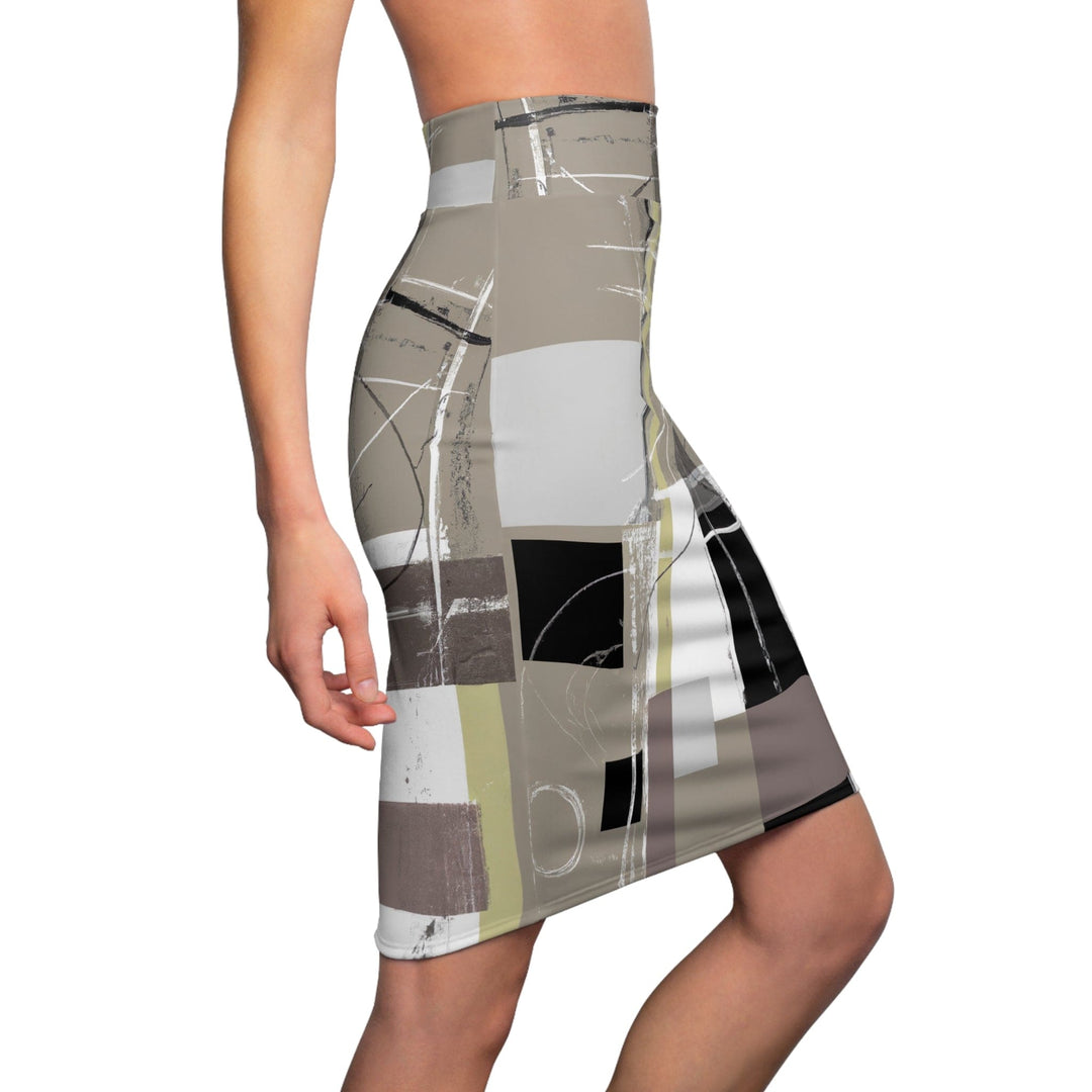 Womens Pencil Skirt Abstract Black Brown Beige Geometric Contemporary Art