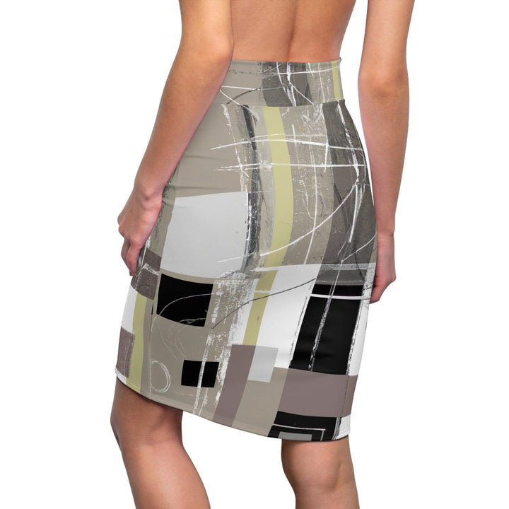 Womens Pencil Skirt Abstract Black Brown Beige Geometric Contemporary Art