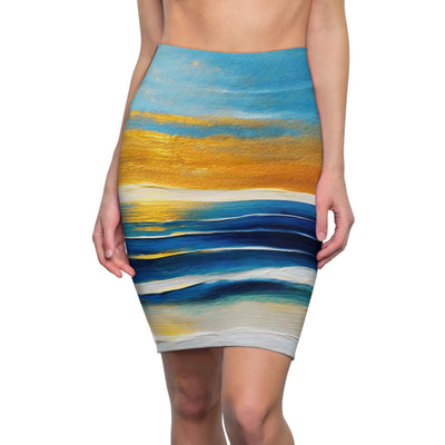 Womens Pencil Skirt Blue Ocean Golden Sunset - Skirts