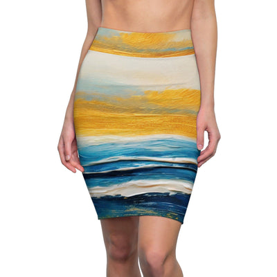 Womens Pencil Skirt Blue Ocean Golden Sunset Print - Skirts