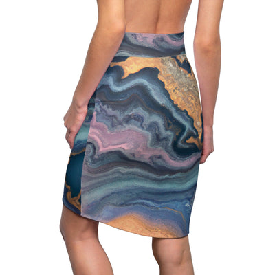 Womens Pencil Skirt Blue Pink Gold Abstract Marble Swirl Pattern - Womens