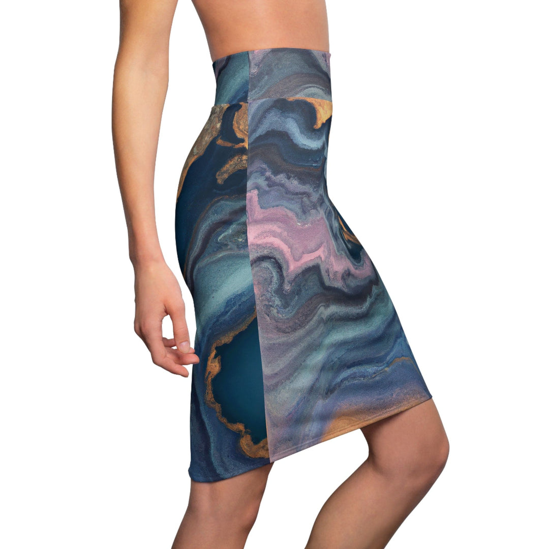 Womens Pencil Skirt Blue Pink Gold Abstract Marble Swirl Pattern - Womens