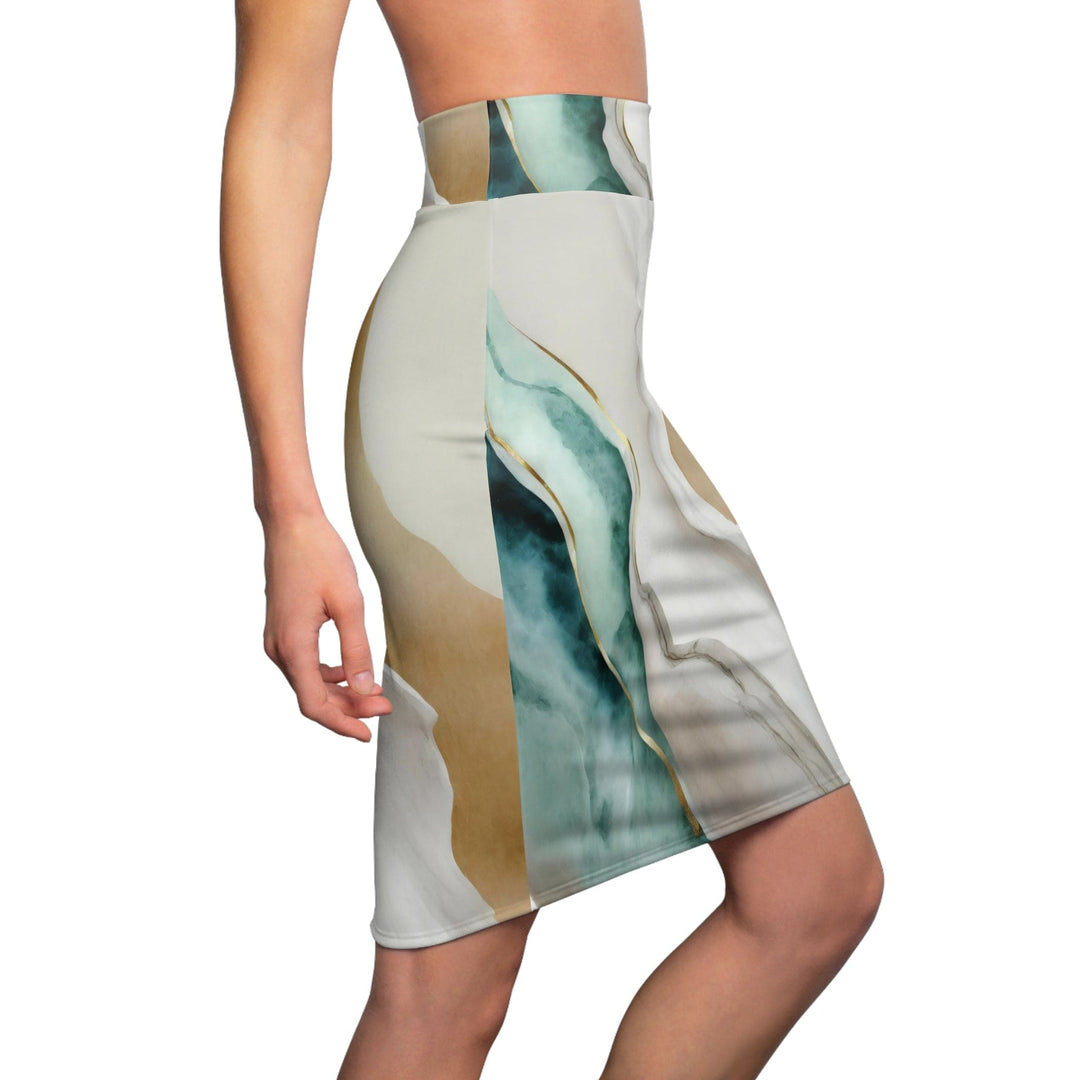 Womens Pencil Skirt Cream White Green Marbled Print - Womens | Skirts