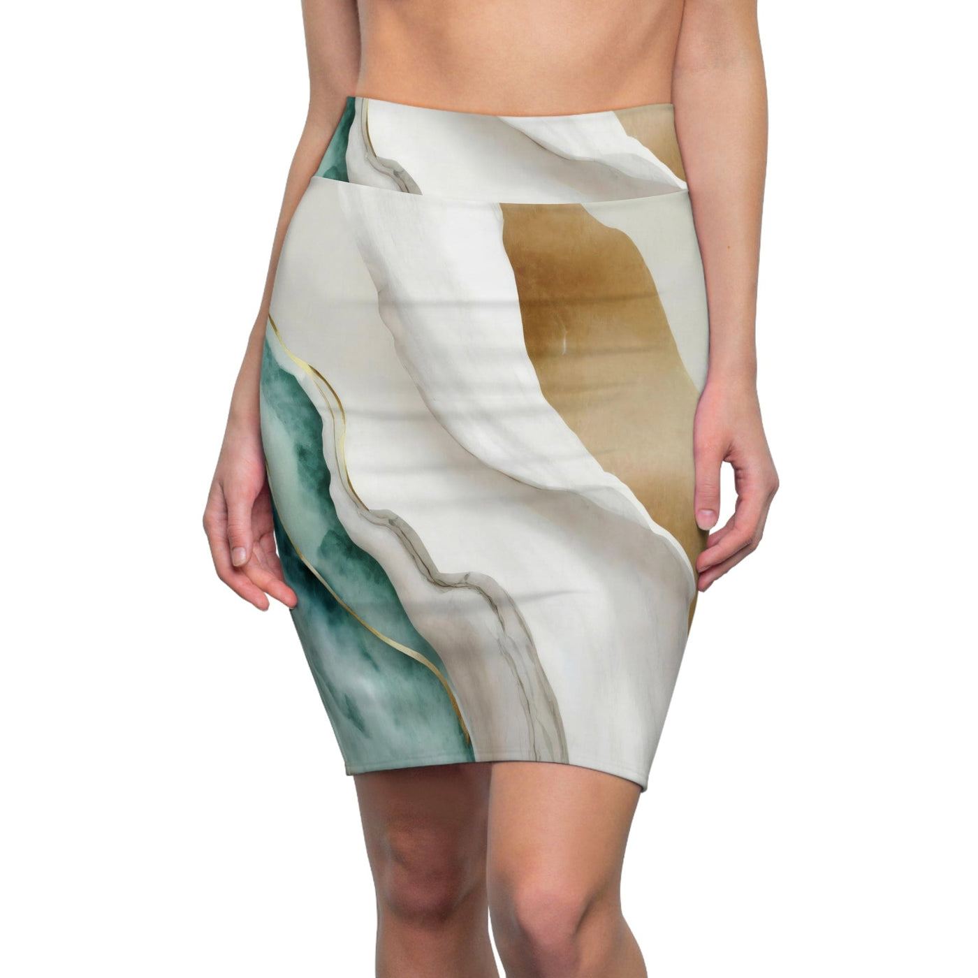 Womens Pencil Skirt Cream White Green Marbled Print - Skirts