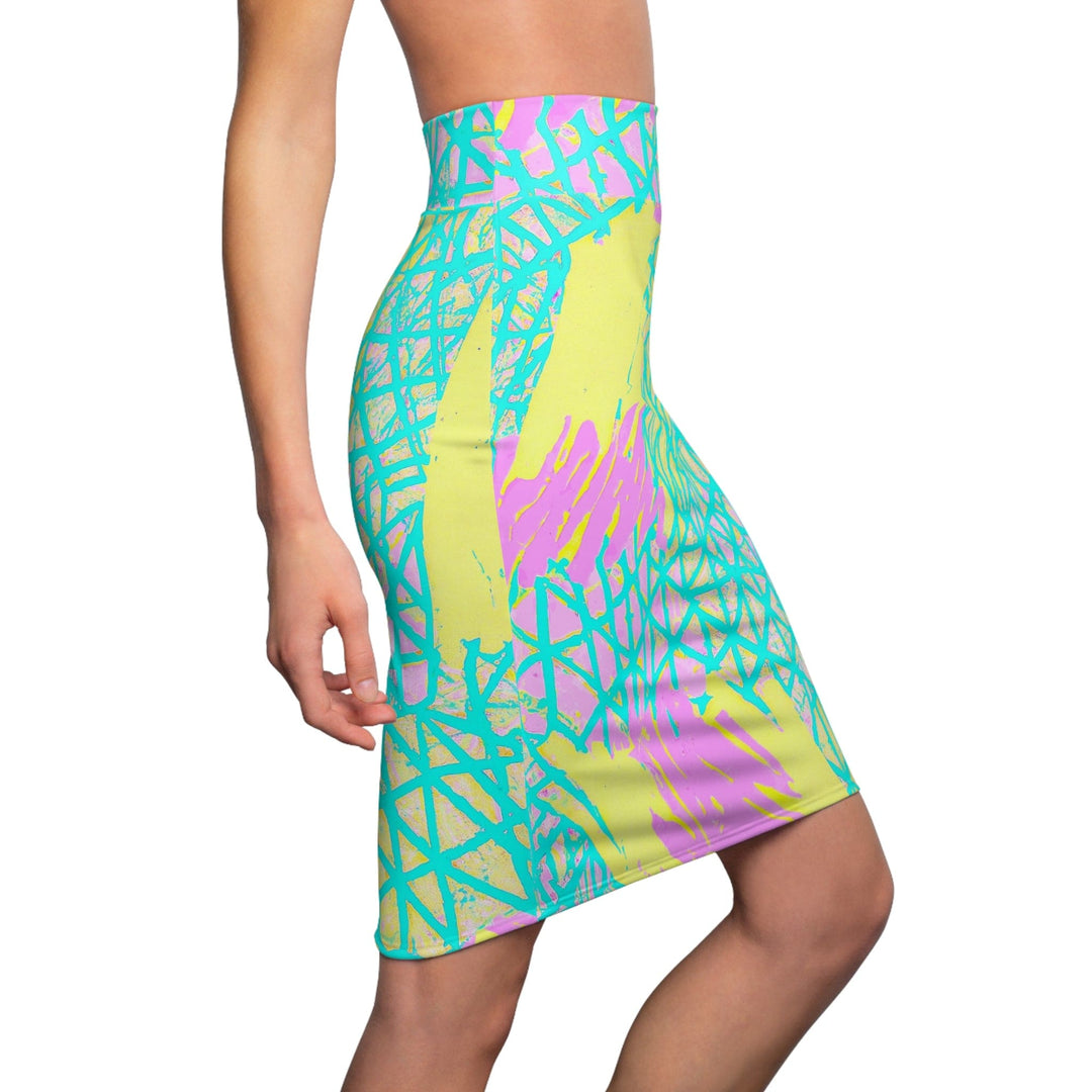 Womens Pencil Skirt Cyan Blue Lime Green and Pink Pattern - Womens | Skirts