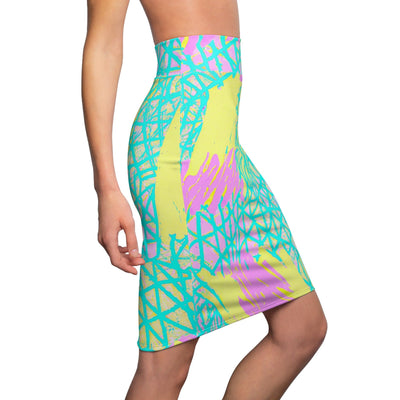 Womens Pencil Skirt Cyan Blue Lime Green And Pink Pattern - Womens | Skirts