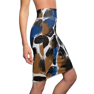 Womens Pencil Skirt Dark Blue And Brown Spotted Abstract Pattern - Skirts