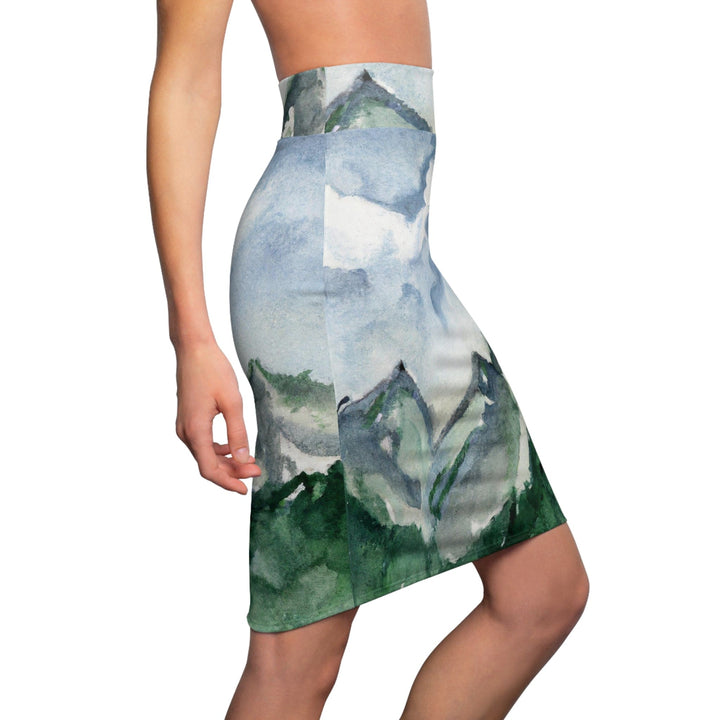 Womens Pencil Skirt Green Mountainside Nature Landscape Blue Sky Print - Womens