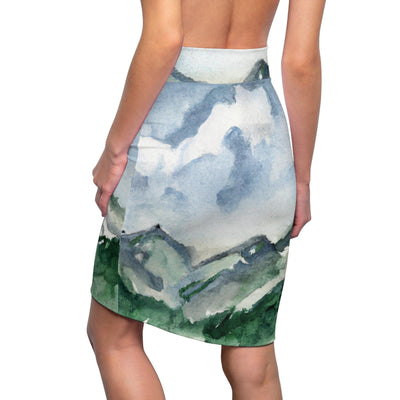 Womens Pencil Skirt Green Mountainside Nature Landscape Blue Sky Print - Womens