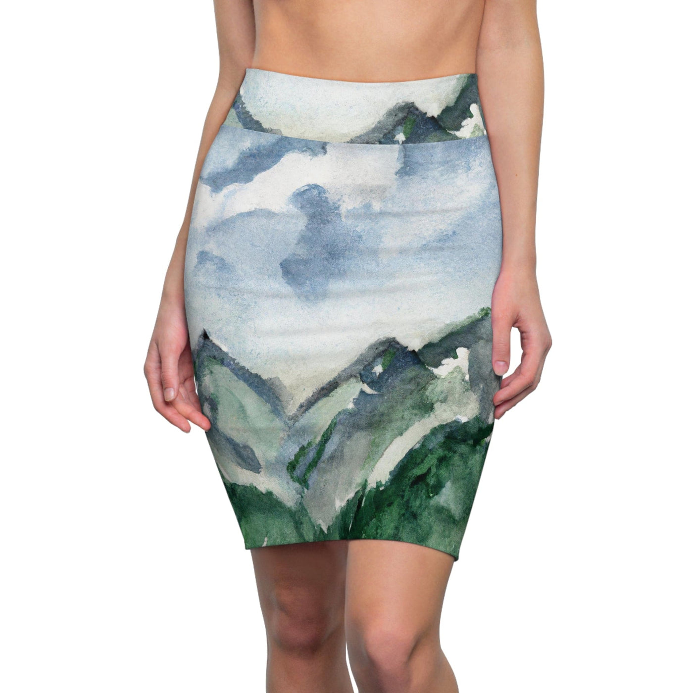 Womens Pencil Skirt Green Mountainside Nature Landscape Blue Sky Print - Womens