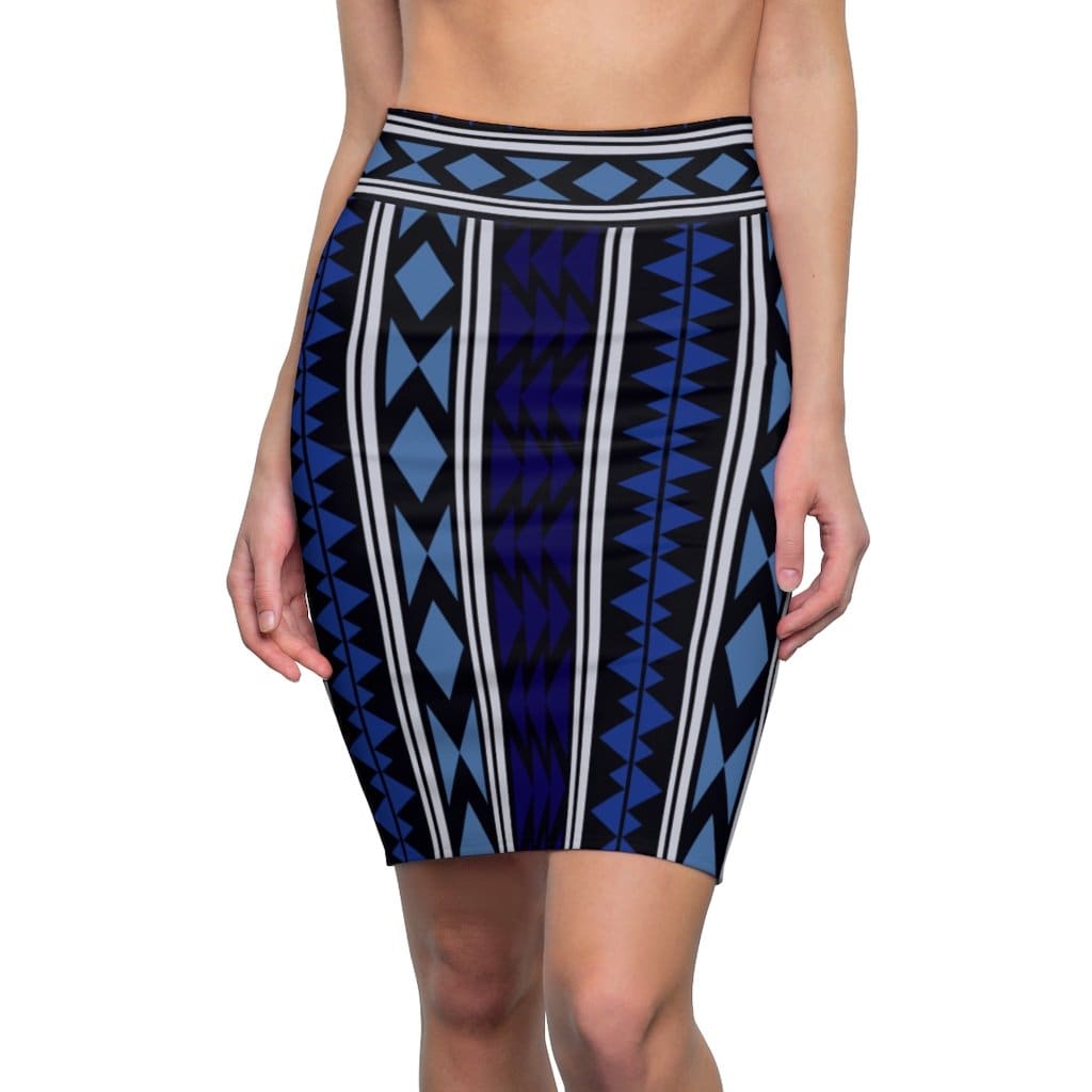 Womens Pencil Skirt High Waist Stretch Blue Aztec - Womens | Skirts