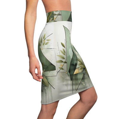 Womens Pencil Skirt Olive Green Mint Leaf Geometric Print - Skirts