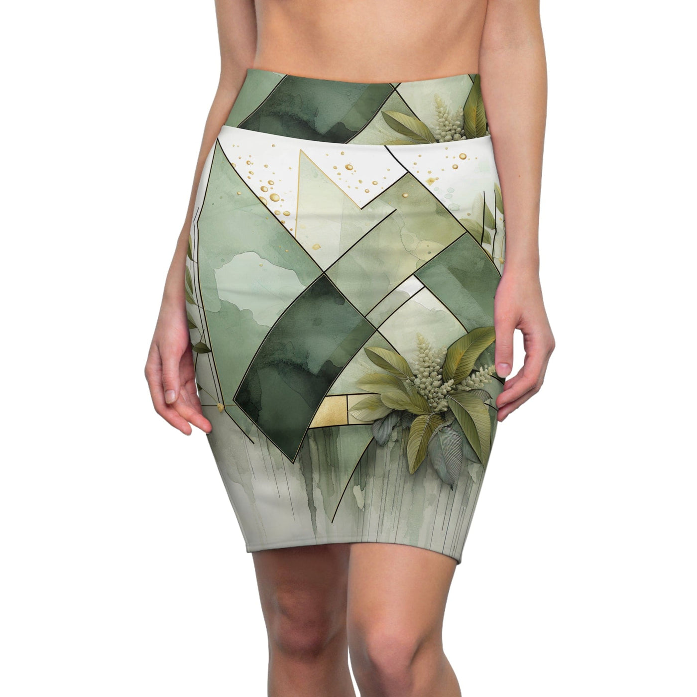 Womens Pencil Skirt Olive Green Mint Leaf Geometric Print - Skirts