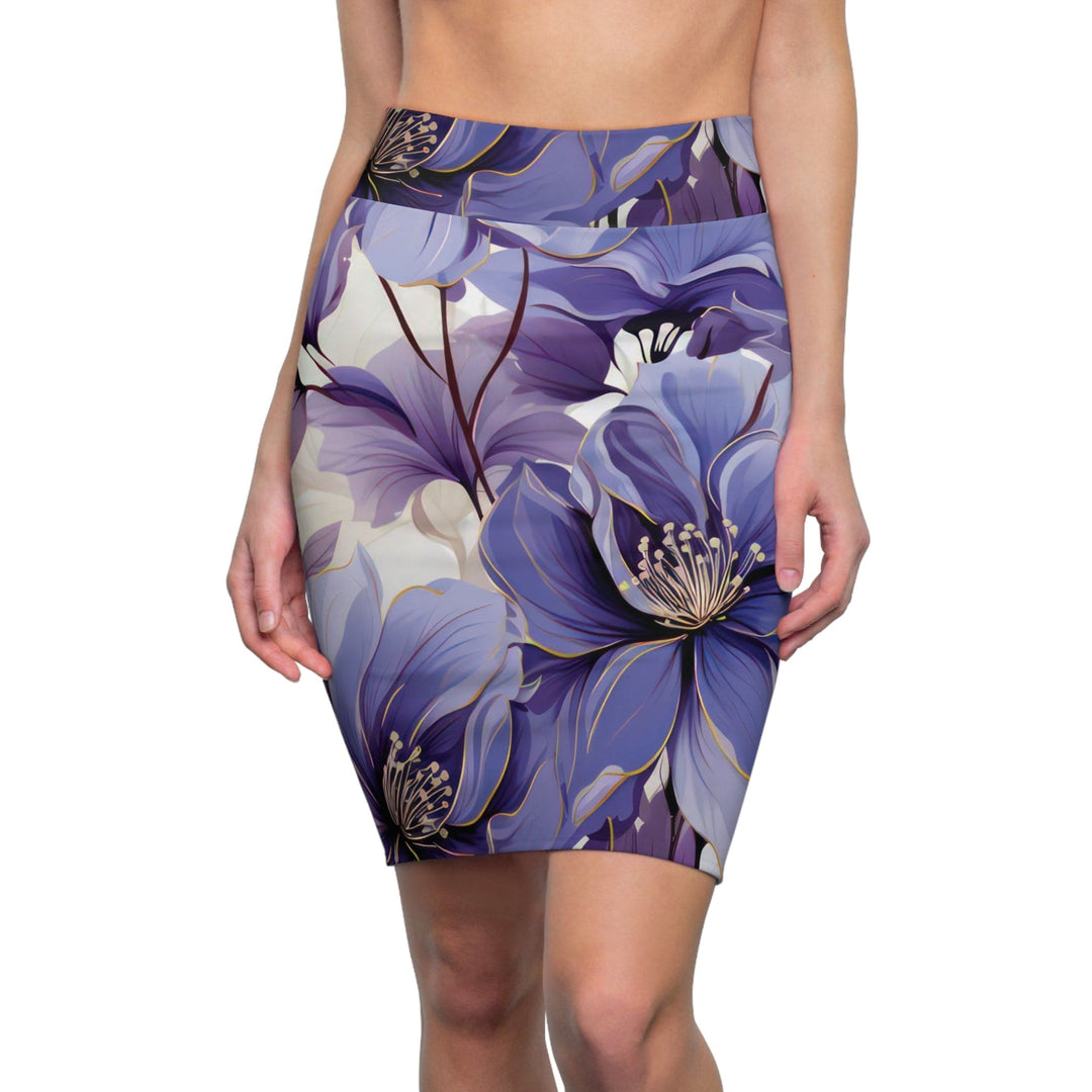 Womens Pencil Skirt Purple and Violet Botanical Blooms: Floral Illustration