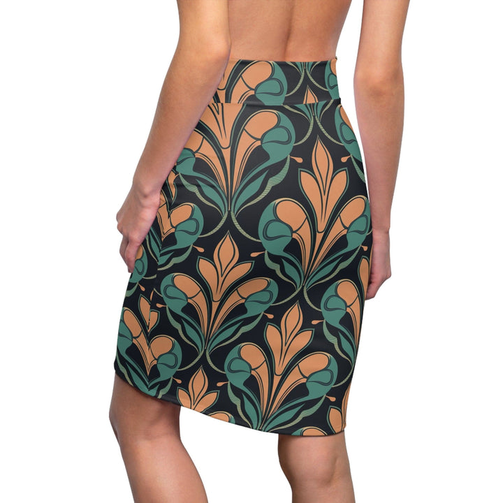 Womens Pencil Skirt Retro Vintage Green and Cream Illustration Pattern - Womens