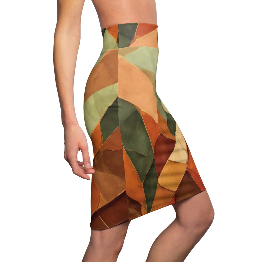 Womens Pencil Skirt Rustic Red Amber Peach Olive Green Geometric Illustration