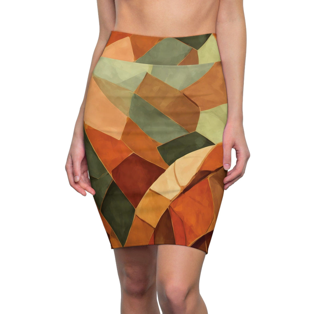 Womens Pencil Skirt Rustic Red Amber Peach Olive Green Geometric Illustration