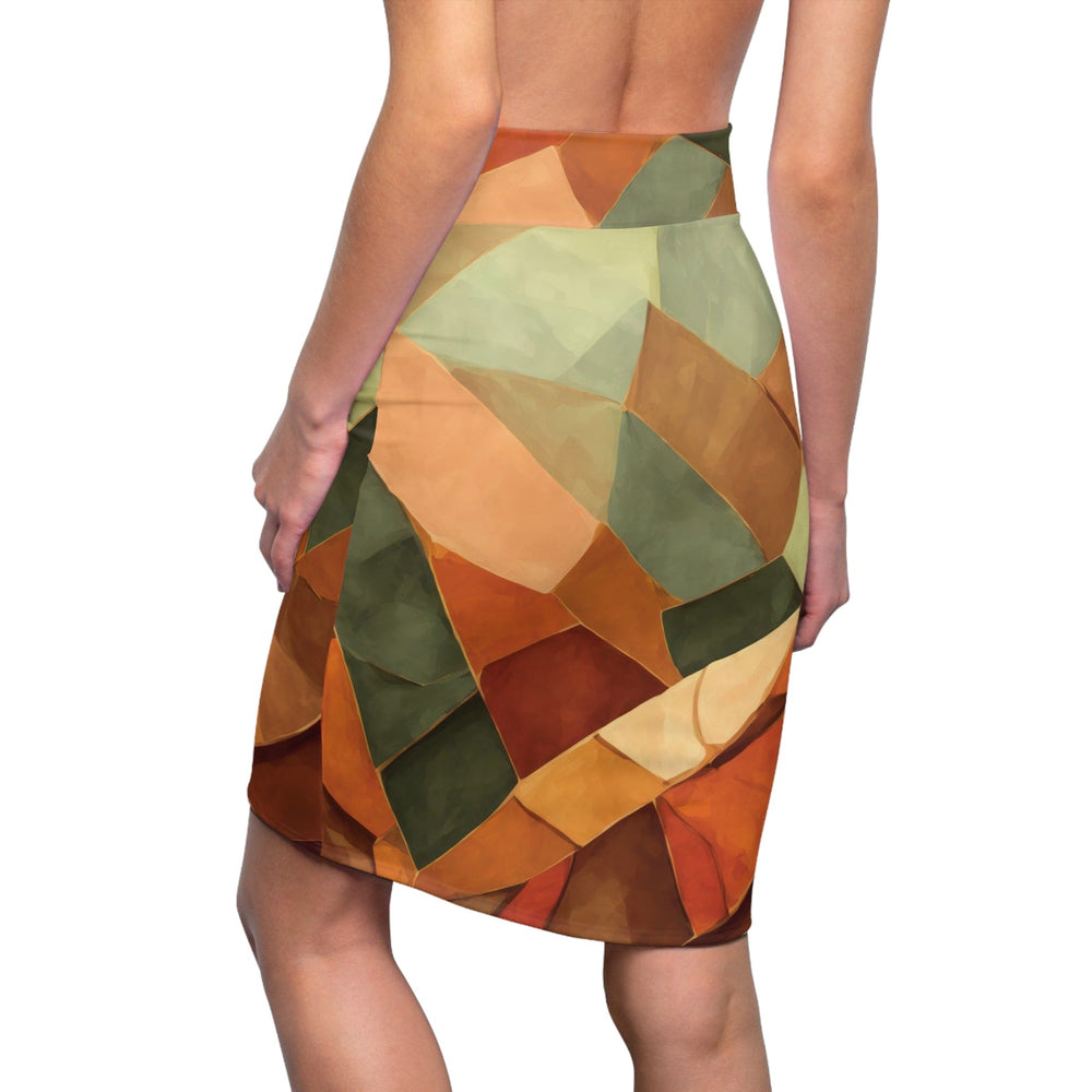 Womens Pencil Skirt Rustic Red Amber Peach Olive Green Geometric Illustration