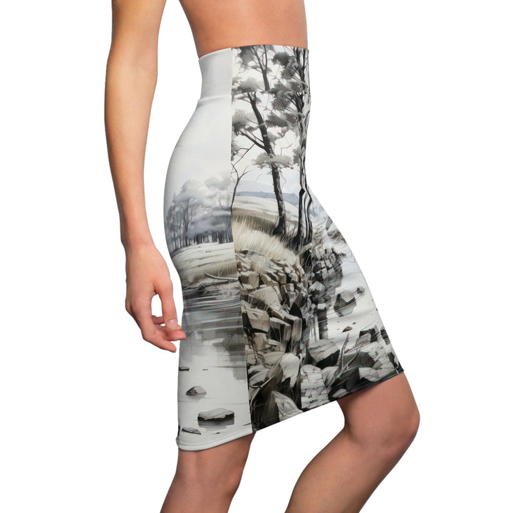 Womens Pencil Skirt Still Waters Watercolor Print Peaceful Lake Art - Womens