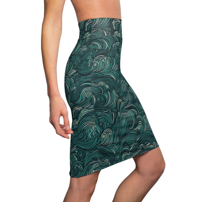 Womens Pencil Skirt Water Wave Mint Green Illustration - Womens | Skirts