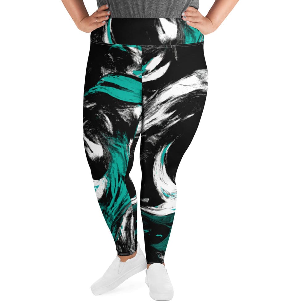 Womens Plus Size Fitness Leggings Black Green White Abstract Pattern