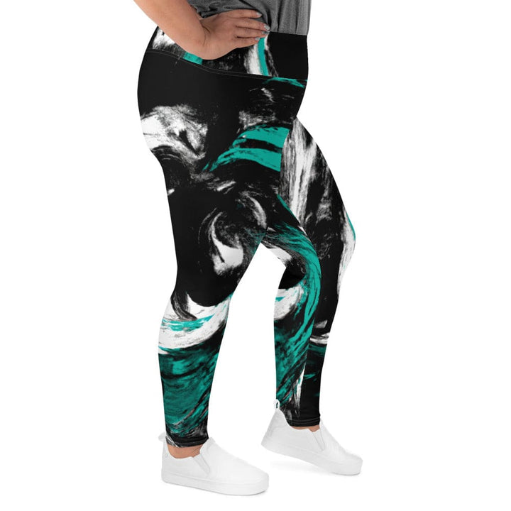 Womens Plus Size Fitness Leggings Black Green White Abstract Pattern - Womens