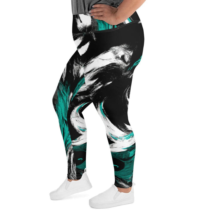 Womens Plus Size Fitness Leggings Black Green White Abstract Pattern - Womens