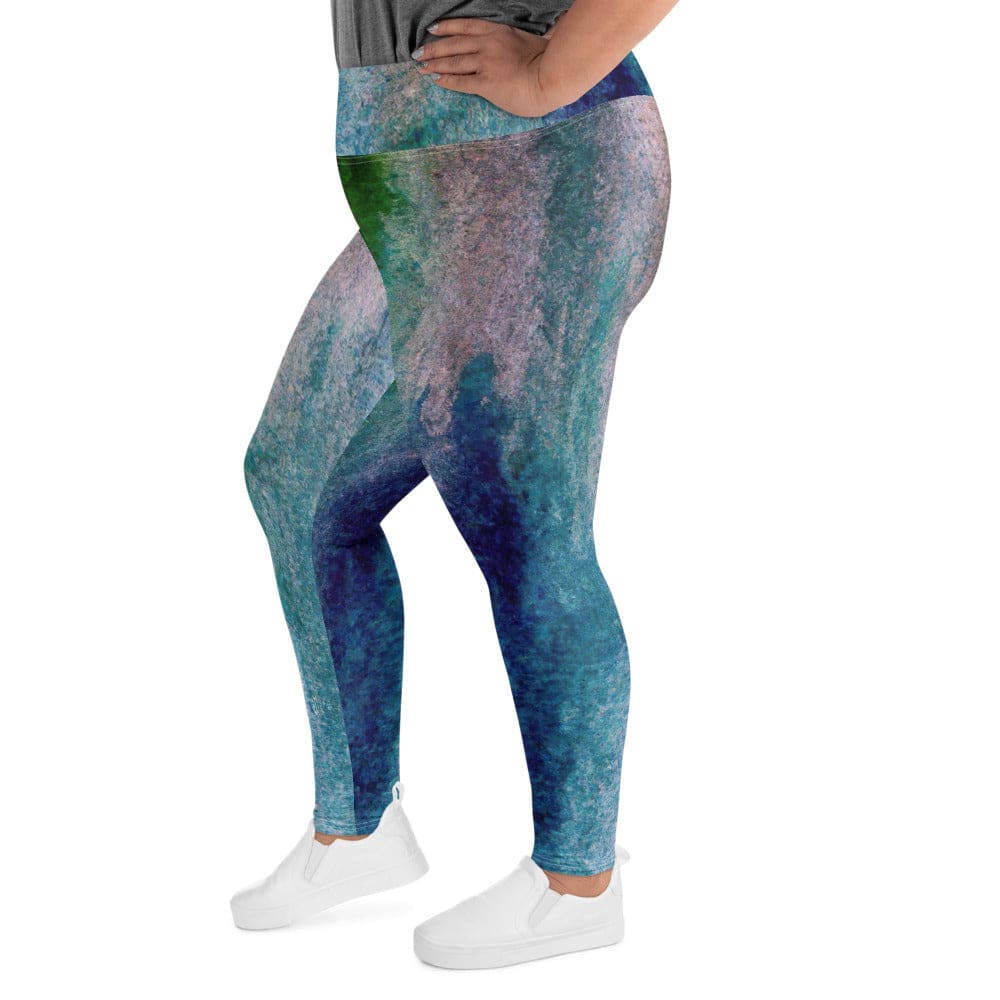Womens Plus Size Fitness Leggings Blue Hue Watercolor Abstract Print