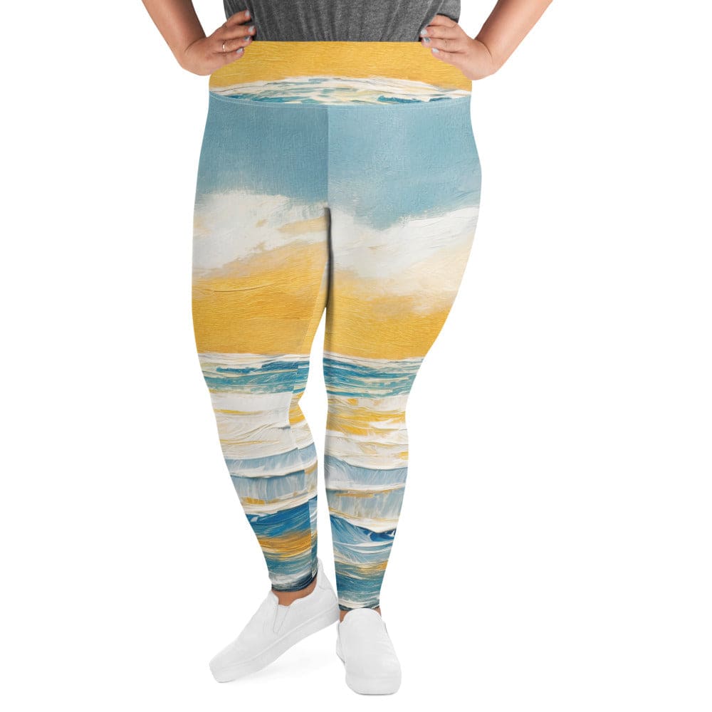 Womens Plus Size Fitness Leggings Blue Ocean Golden Sunset Print 2