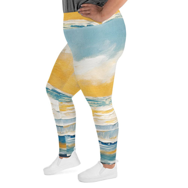 Womens Plus Size Fitness Leggings Blue Ocean Golden Sunset Print 2