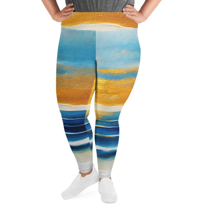 Womens Plus Size Fitness Leggings Blue Ocean Golden Sunset Print 3 - Womens