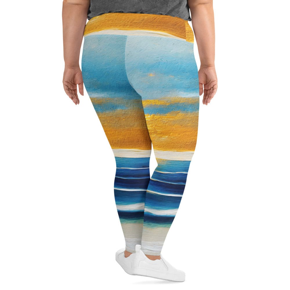 Womens Plus Size Fitness Leggings Blue Ocean Golden Sunset Print 3