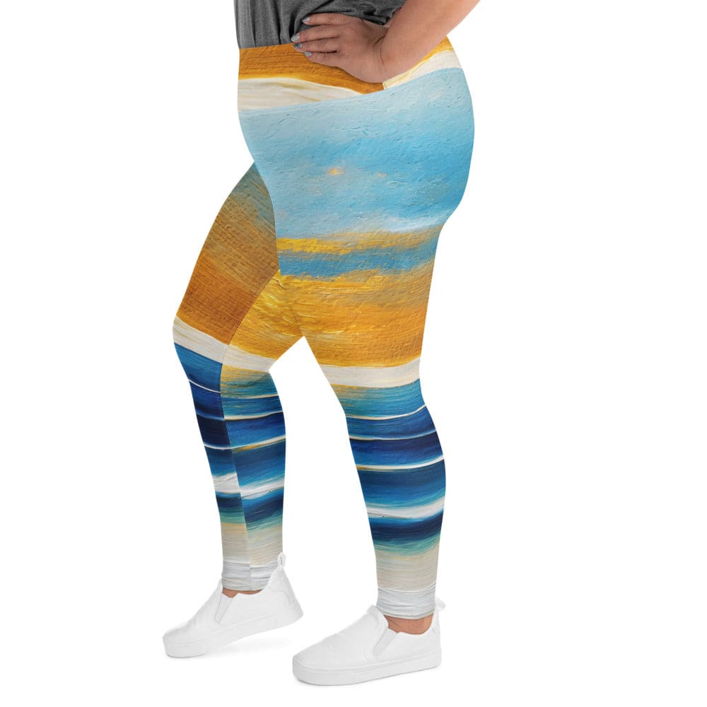 Womens Plus Size Fitness Leggings Blue Ocean Golden Sunset Print 3 - Womens