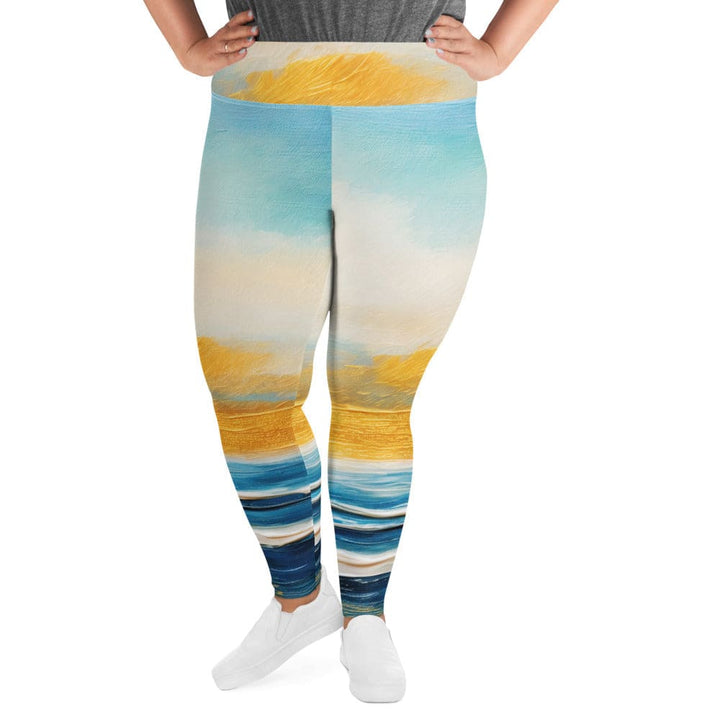 Womens Plus Size Fitness Leggings Blue Ocean Golden Sunset Print 4 - Womens