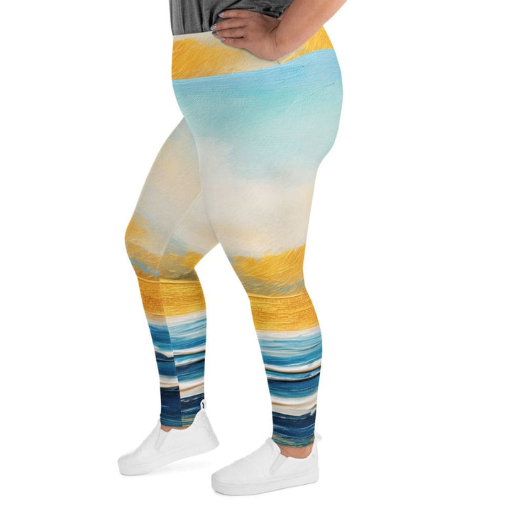 Womens Plus Size Fitness Leggings Blue Ocean Golden Sunset Print 4 - Womens