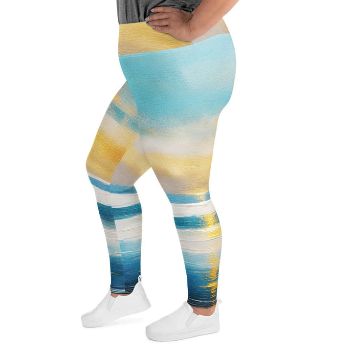 Womens Plus Size Fitness Leggings Blue Ocean Golden Sunset Print