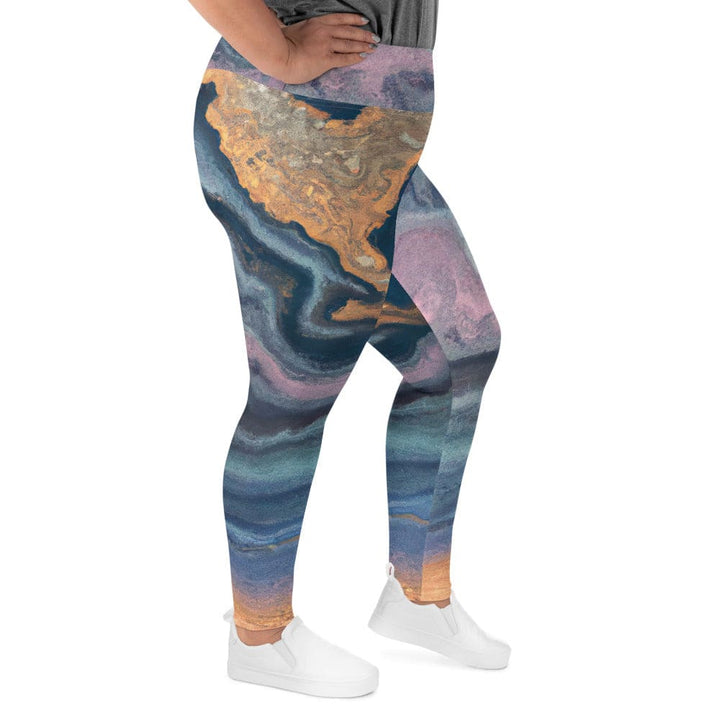 Womens Plus Size Fitness Leggings Blue Pink Gold Abstract Marble