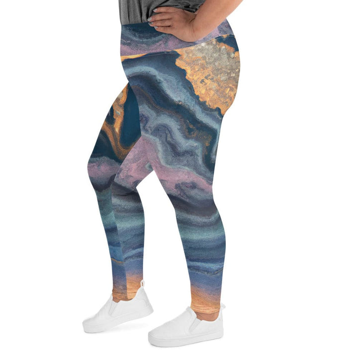 Womens Plus Size Fitness Leggings Blue Pink Gold Abstract Marble