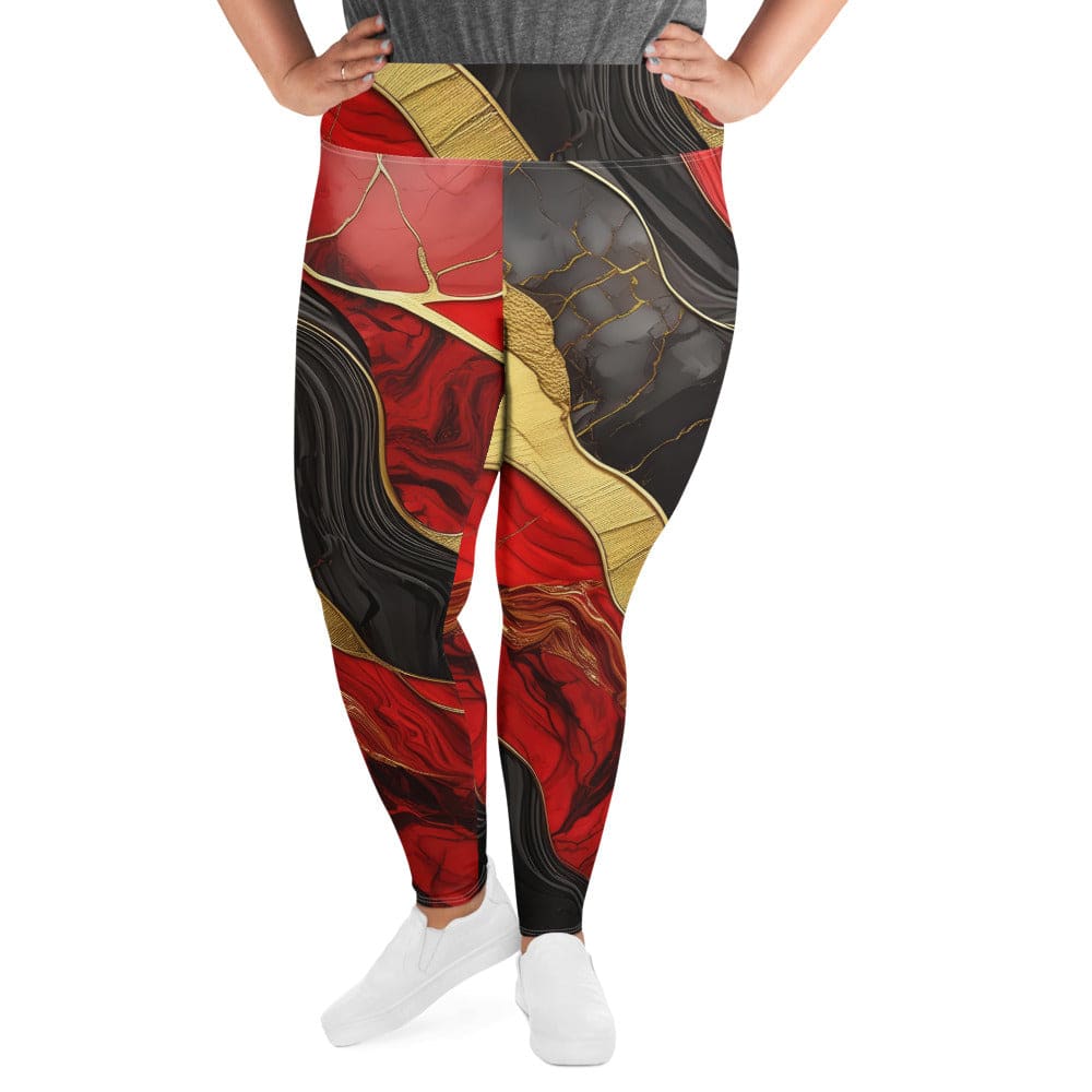 Womens Plus Size Fitness Leggings Brick Red Pattern Black And Gold