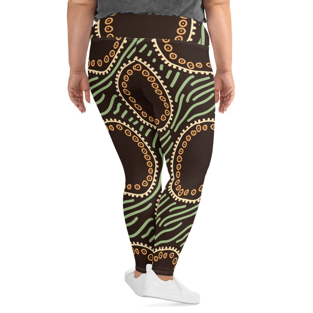 Womens Plus Size Fitness Leggings Brown Green Geometric Lines