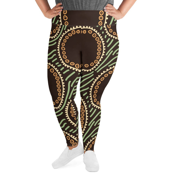 Womens Plus Size Fitness Leggings Brown Green Geometric Lines