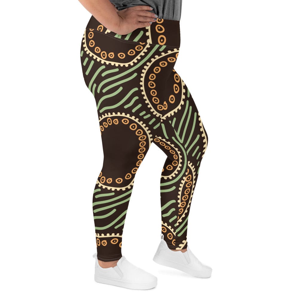 Womens Plus Size Fitness Leggings Brown Green Geometric Lines