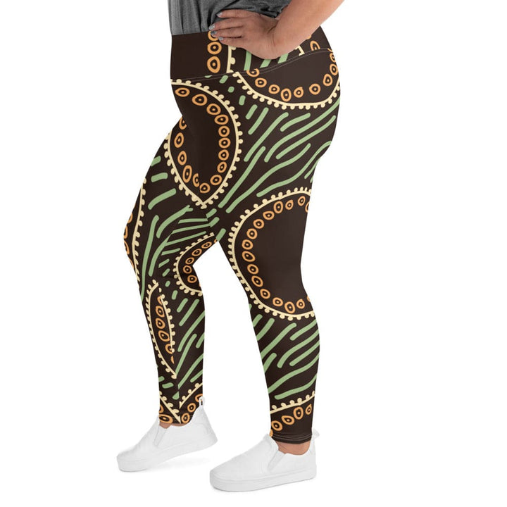 Womens Plus Size Fitness Leggings Brown Green Geometric Lines