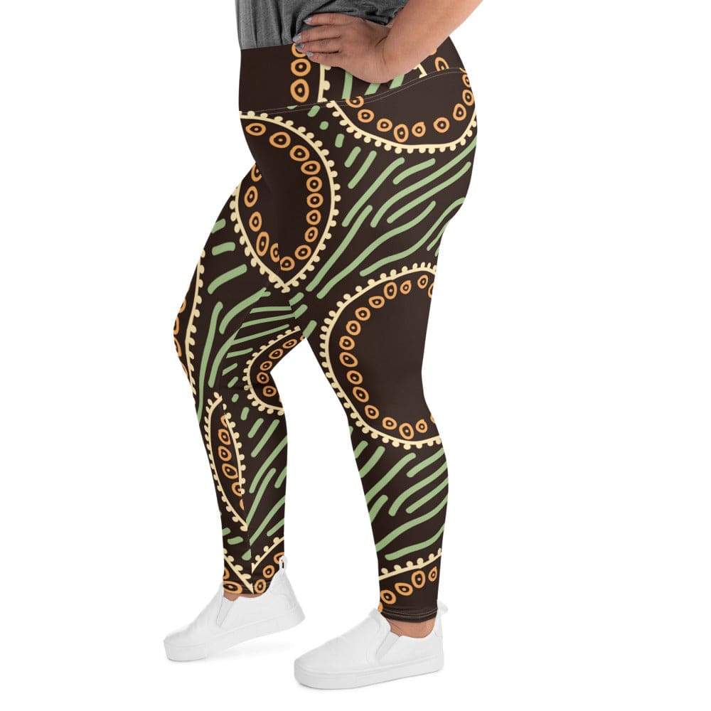 Womens Plus Size Fitness Leggings Brown Green Geometric Lines